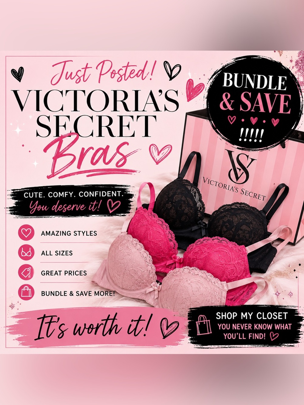 Victoria's Secret Lace Bras in Black, Hot Pink, and Light Pink